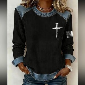 Women's Black Denim Patchwork Top